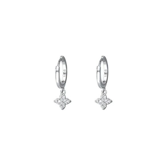 Dainty Crystal Flower Charm Hoop Earrings in Silver - Picture 6 of 6